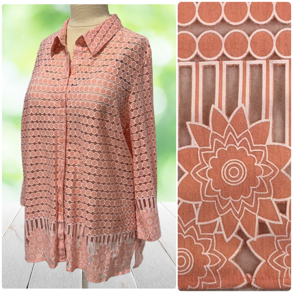Sheer Burnout Embroidered Overshirt Blouse Peach 3/4 Sleeve Buttons Sz XL